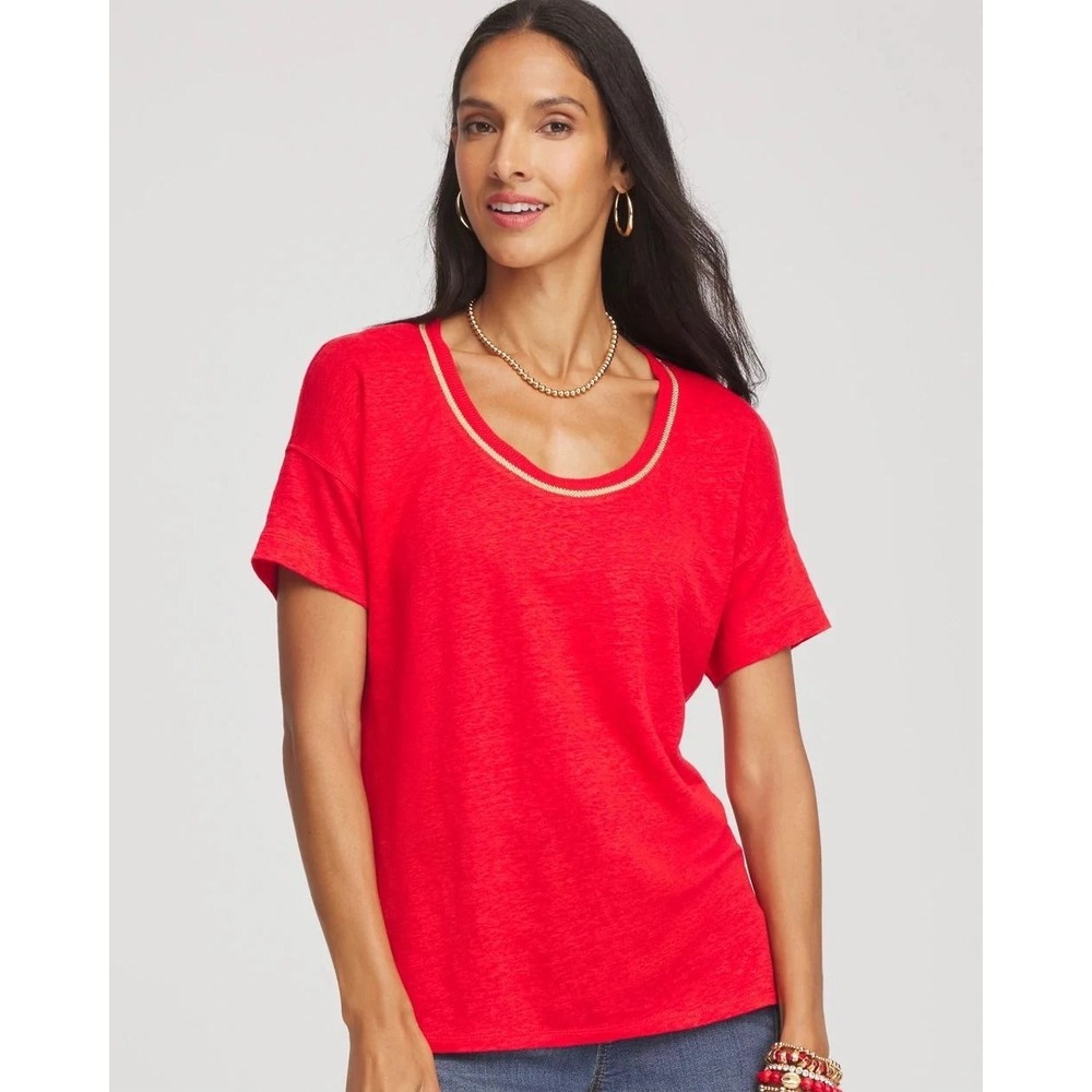 Chico's Red 100% Linen Summery Classic Resortwear Sweater Trim Tee Size Large